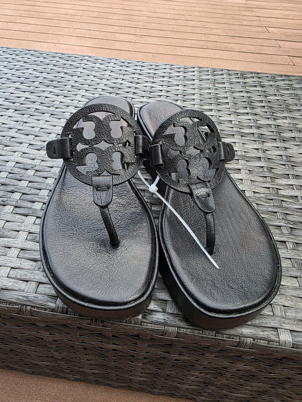 TORY BURCH Miller Wedge Platform Leather Sandals Black Size 7